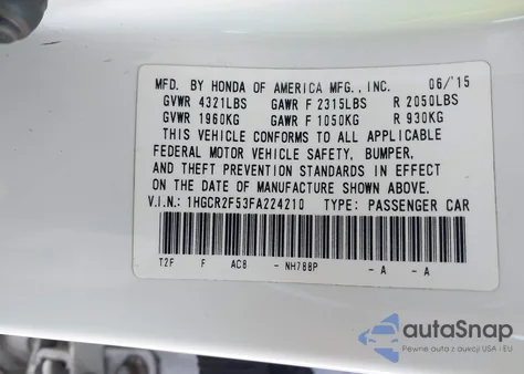 2015 Honda Accord Sport from USA, damaged, VIN 1HGCR2F53FA224210